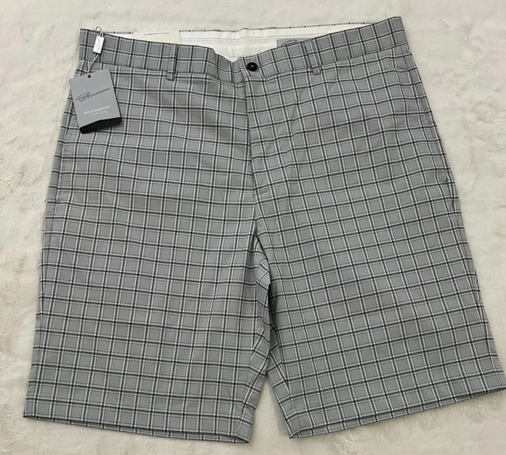 Greg Norman Mens Golf Shorts Size 36 Gray Plaid Stretch Performance NWT Golfing